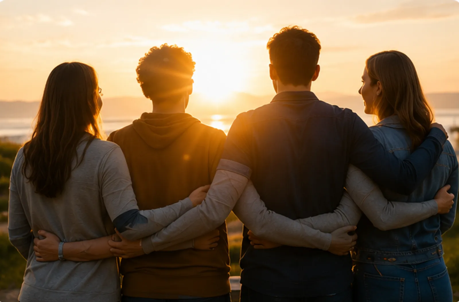 Four friends arm in arm watching the sunrise over the shore