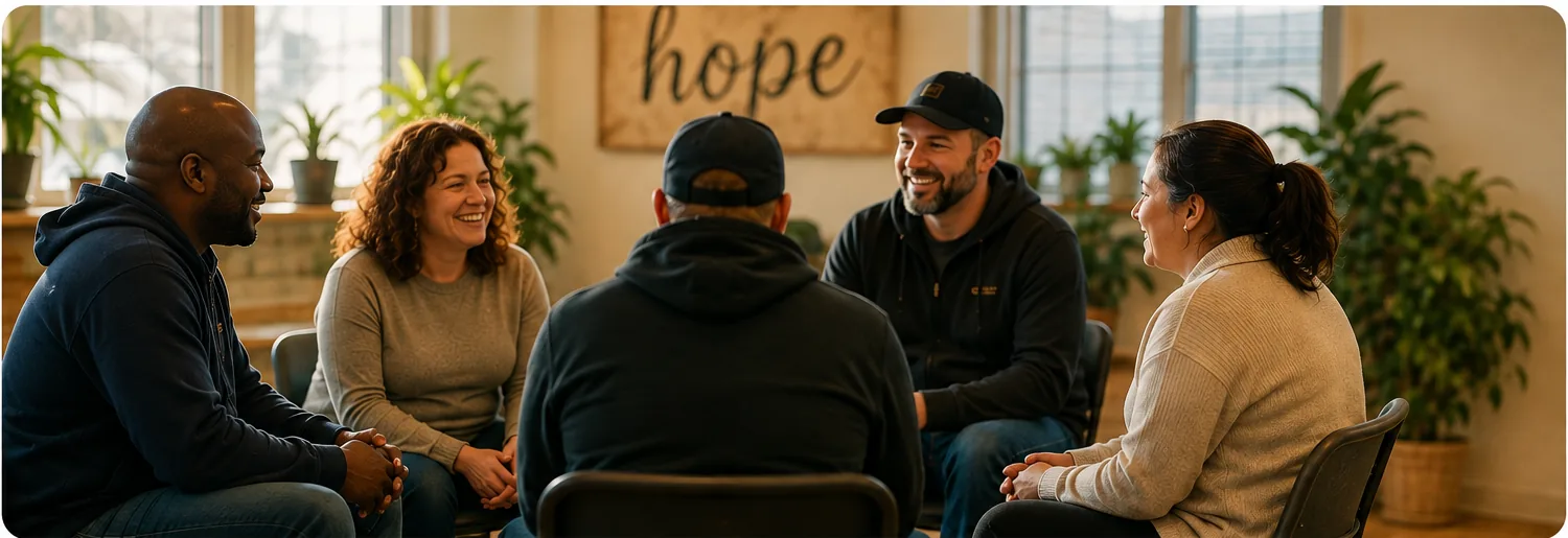 A Recovery Circle meeting under a hope sign