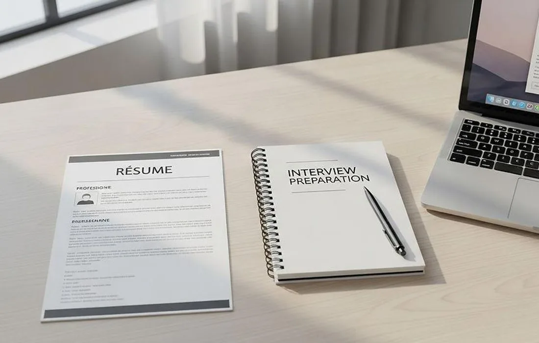 A resume and interview-preparation notebook beside a laptop