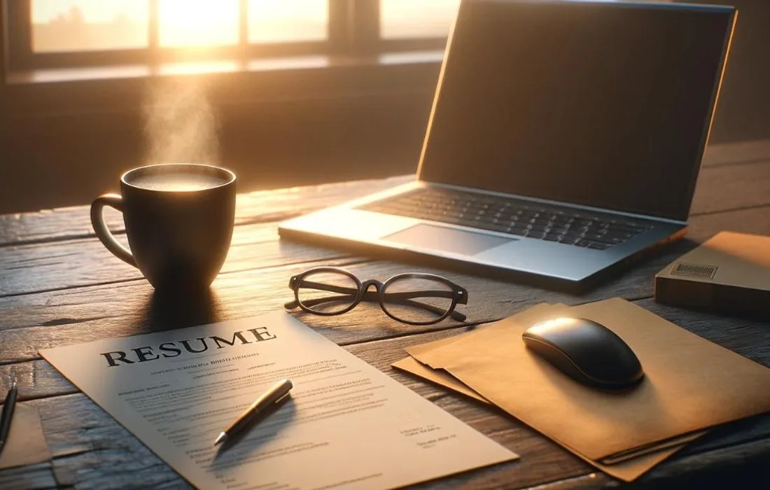 A resume, notebook and laptop on a desk in morning light