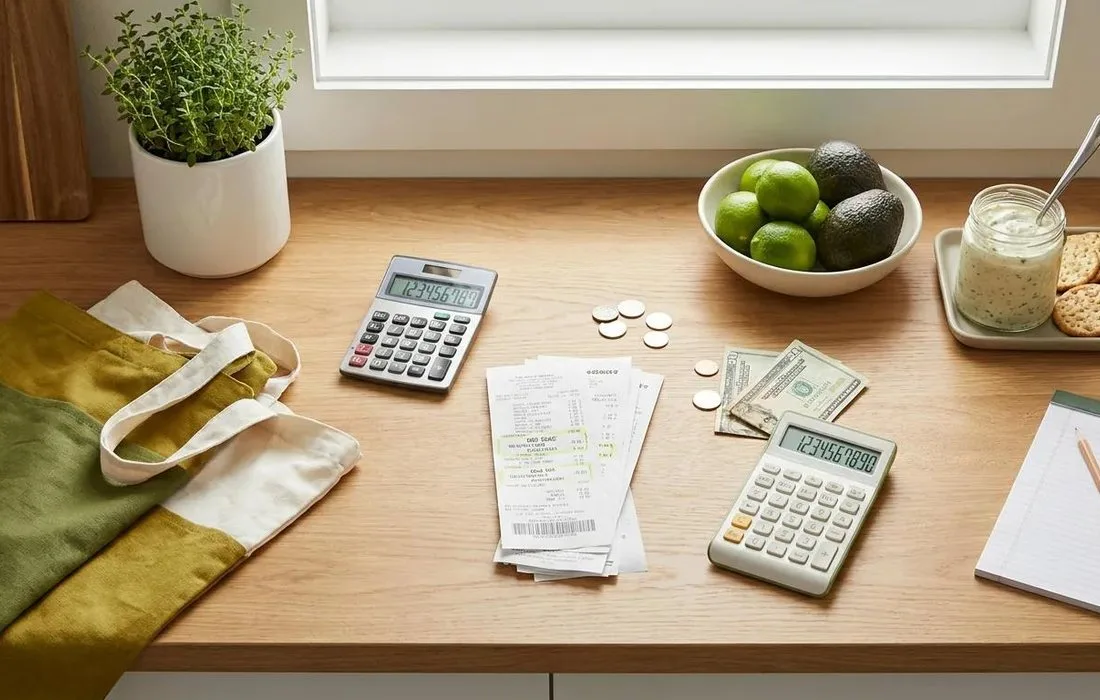 Receipts, a calculator and groceries on a kitchen table