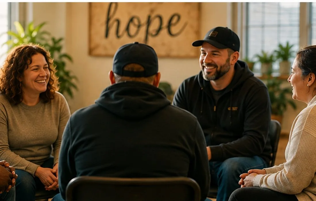 People sitting together in a supportive group conversation