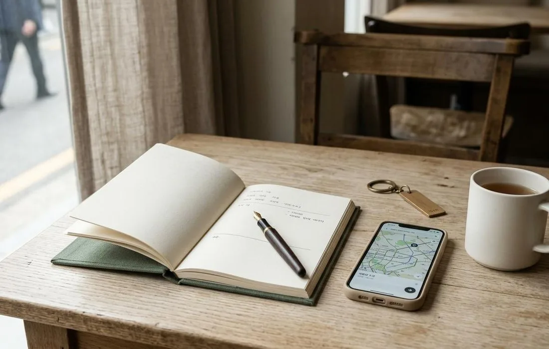 An open notebook, phone showing a map, and coffee by a window